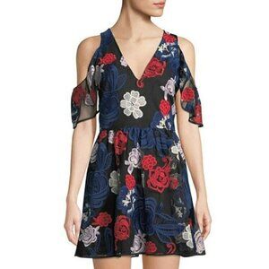 Devlin Kara Floral Embroidered Mini Dress Black Multi Cold Shoulder Boho M